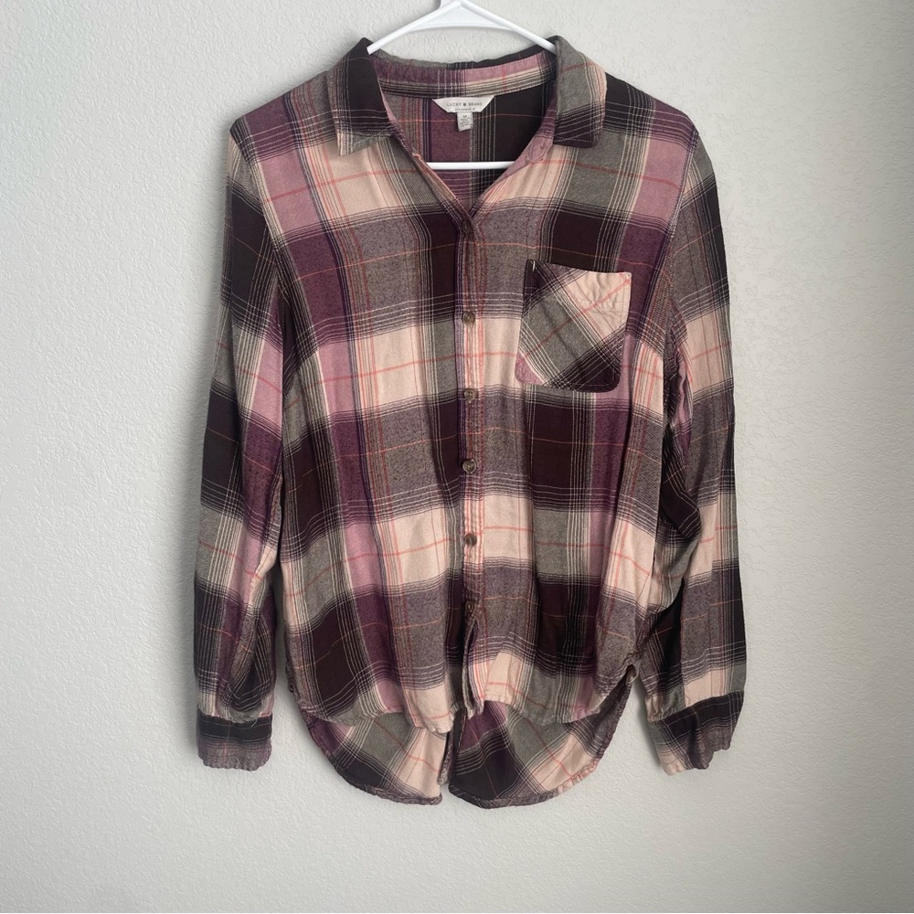 Lucky Brand Plaid Flannel Shirt Purple Pink Button Down Women’s Medium